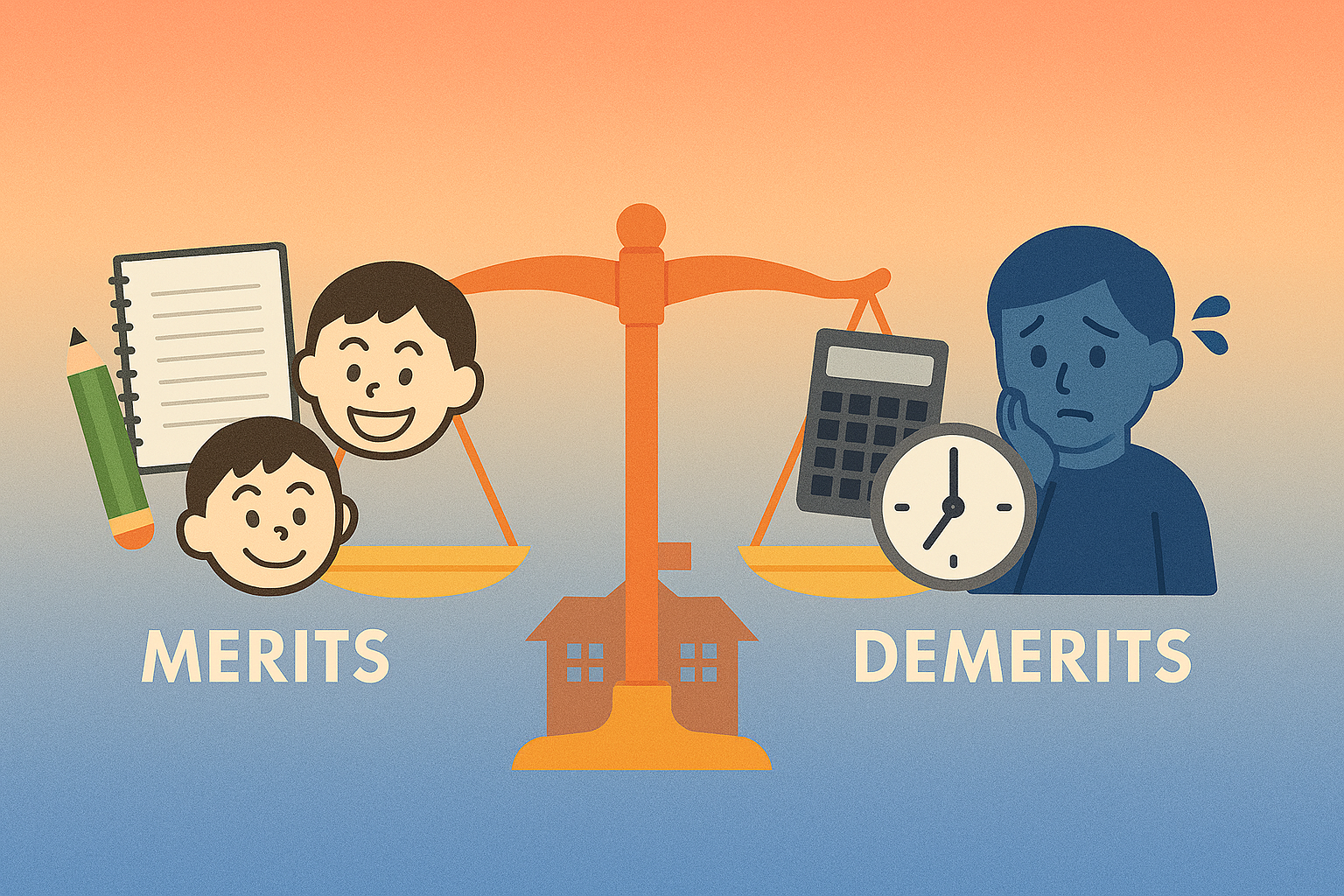 中学受験のメリットとデメリットを天秤で表現したイラスト
