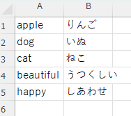 Excelで単語帳データを2列に入力している例 A列にapple dog cat beautiful happyという英単語、B列にりんご いぬ ねこ うつくしい しあわせという日本語訳を入力