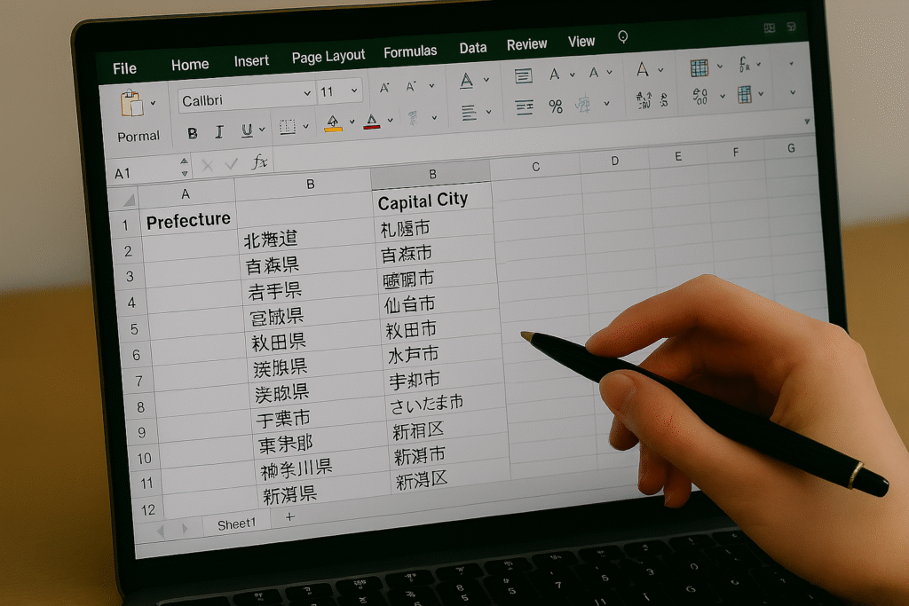 パソコンでExcelを使って都道府県と県庁所在地の単語帳データを作成している様子 Prefecture列に都道府県名、Capital City列に県庁所在地を入力している手元の写真