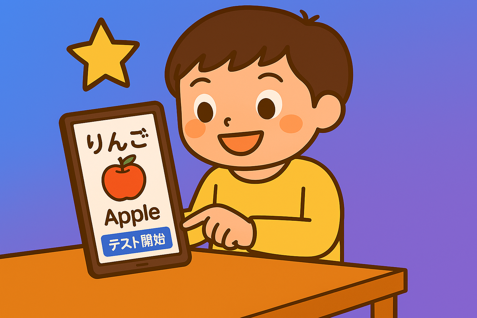 タブレットで単語帳アプリを使って楽しく学習している小学生の男の子 画面にはりんごとappleが表示され、テスト開始ボタンを押そうとしている笑顔のイラスト