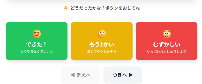 単語帳ツールの理解度選択ボタン 緑色のできた！😊 黄色のもう1かい😐 赤色のむずかしい😟の3つのボタンで自己評価する画面