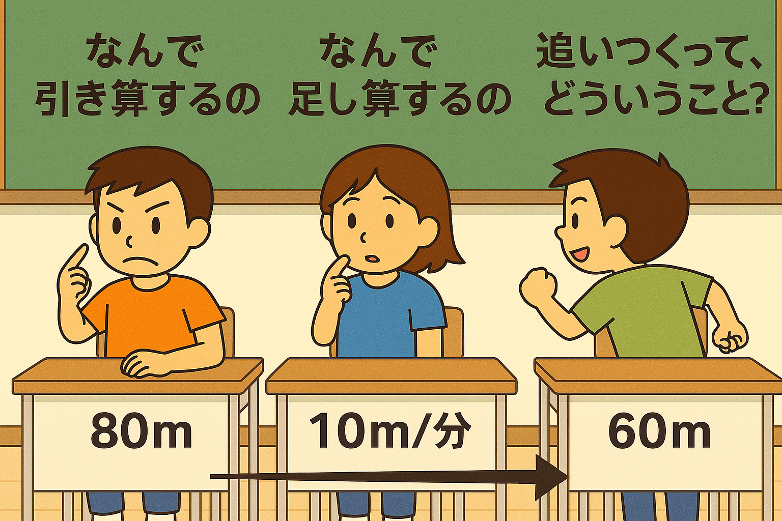 教室で3人の小学生が旅人算について考えている様子。左の子は80mで困った顔、真ん中の子は10m/分で疑問の表情、右の子は60mで追いつくことについて笑顔で説明している