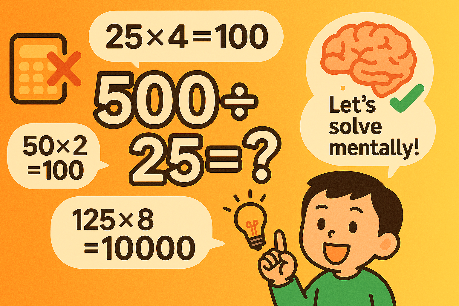工夫する割り算の暗算トレーニングツール 500÷25の計算式と25×4=100のヒント付き教育イラスト