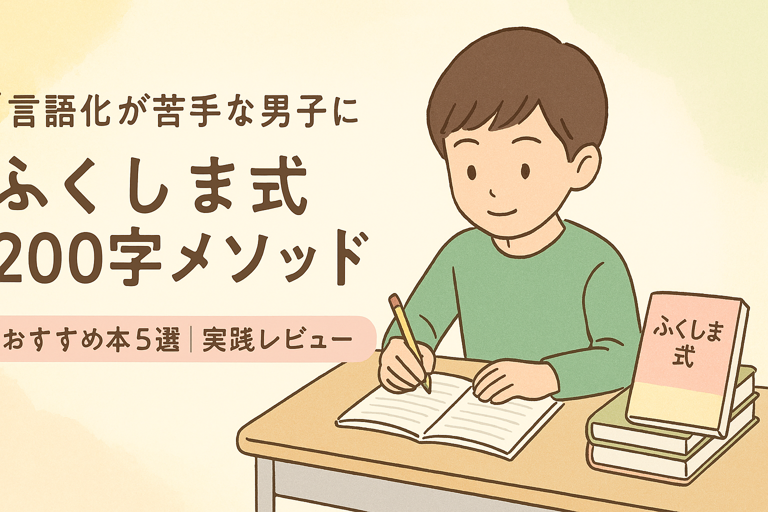 ふくしま式200字メソッドおすすめ本5選のアイキャッチ画像、勉強する小学生男子のイラスト